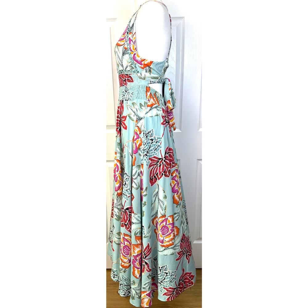 Jaase Blue Floral Halter Maxi Dress M Open Back Boho Wedding Guest Rayon - Picture 4 of 8